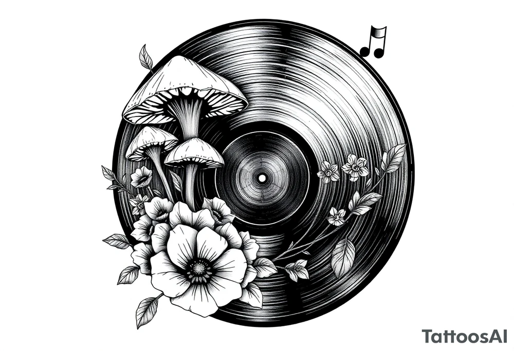 vinyl record with mushrooms, flowers, and music notes tattoo idea