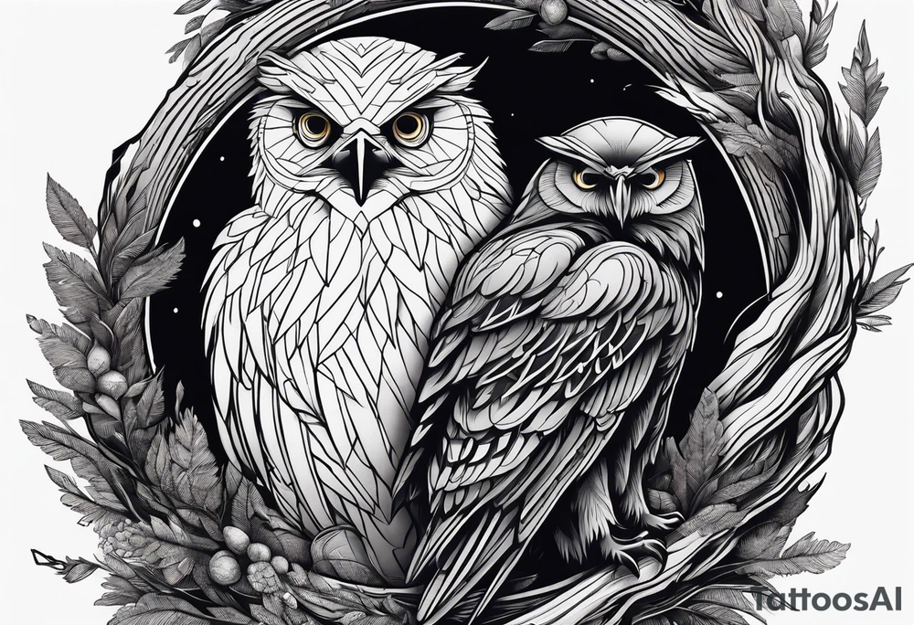 Owl, raven, eagle cuddled in a nest, birdseye view tattoo idea