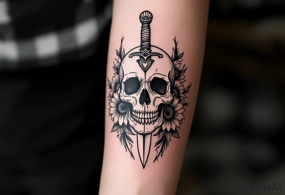 Skull, heart and dagger with roses and sunflowers tattoo idea