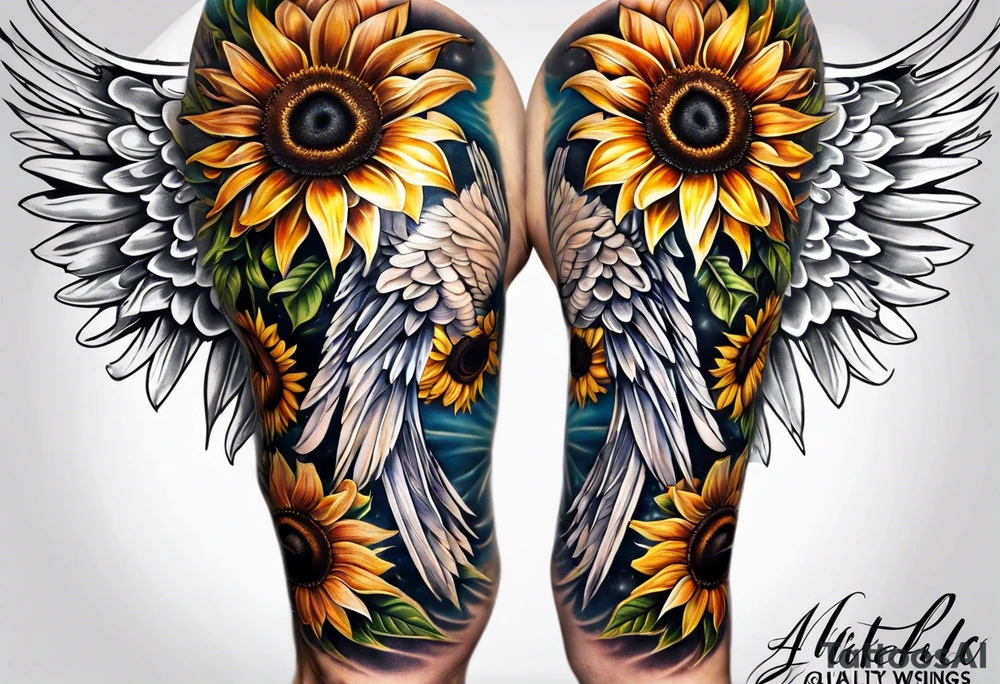 Sunflowers and angel wings leg sleeve tattoo idea