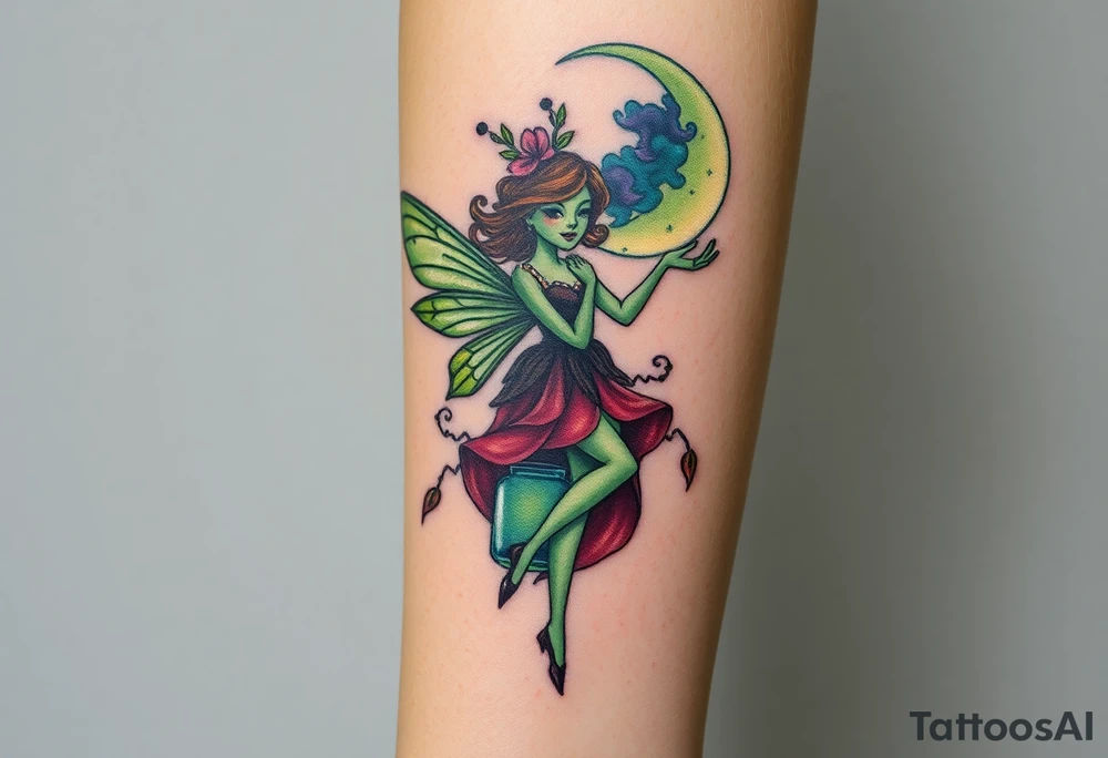 Tim Burton’s pin up style Vintage Parisian elegant and hauntingly beautiful yet eerie full body absinthe Green Fairy dances outside her victorian crystal decatur she was once inside this elaborate ornate bottle absinthe bottle Absinthe Art Nouveau   and dripping with muted reds, dusty pinks, and eerie green glow.purple and cyan smokey clouds swirl in the crescent moonlit sky thats sprinkled with stars tattoo idea
