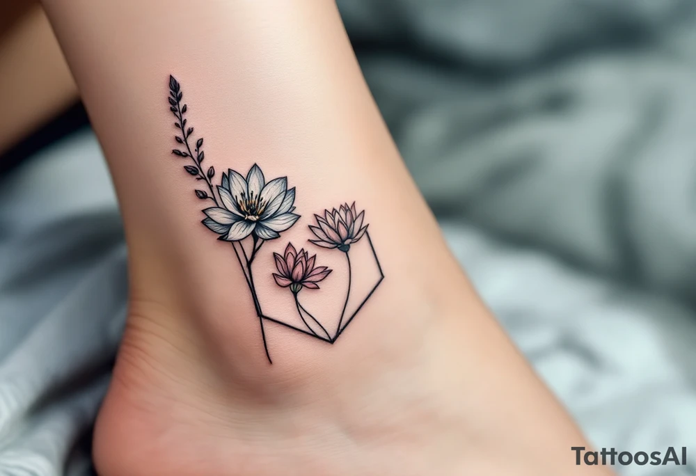 Leo, larkspur and water lily surrounded by a hexagon tattoo idea