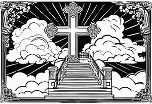 A heavenly stairway to heaven with clouds with a cross with a cross necklace with biblical verses tattoo idea