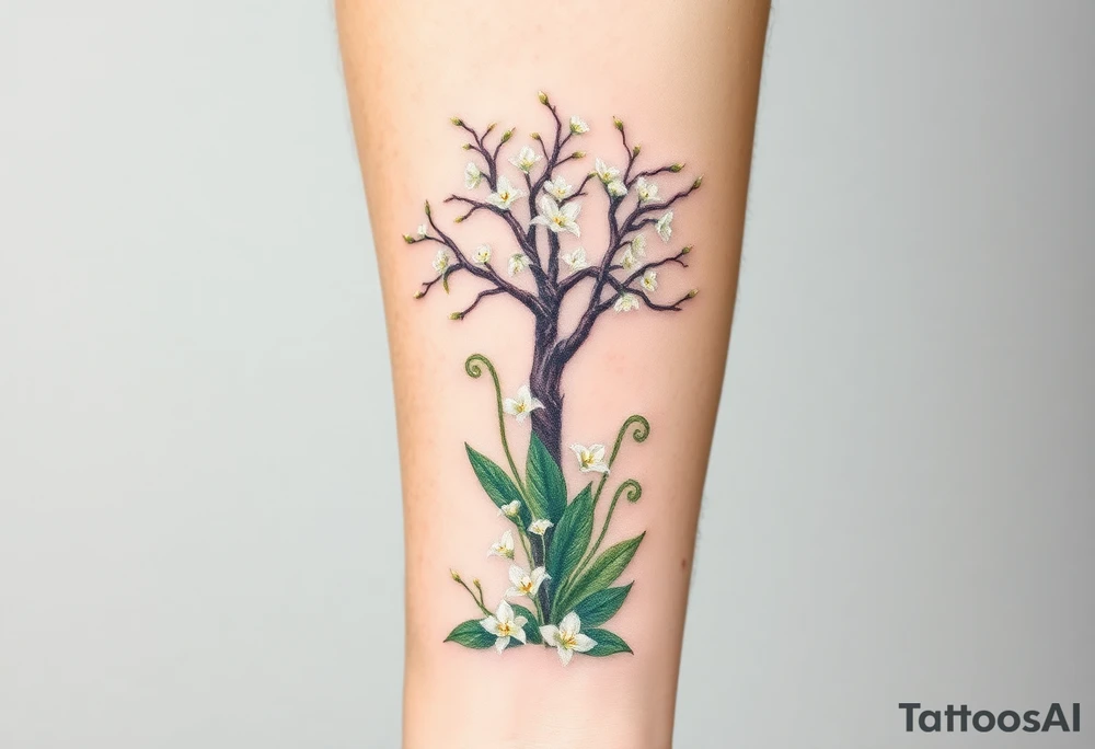 White flowering Lilly of the vally plants on ground underneath a blooming hawthorn tree tattoo idea