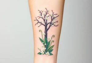 White flowering Lilly of the vally plants on ground underneath a blooming hawthorn tree tattoo idea