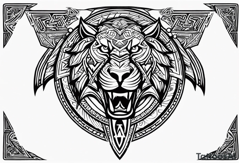 Valhalla sword shield dragon axe Valknut tribal lion tattoo idea Valhalla sword shield dragon axe Valknut tribal lion tattoo idea