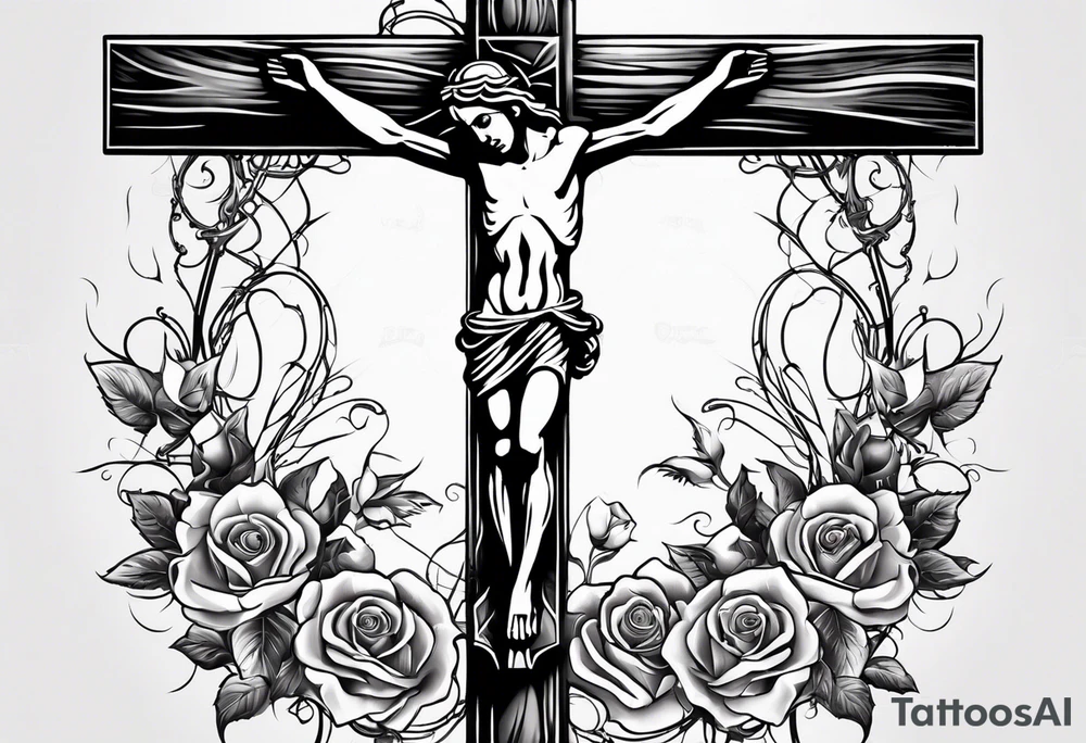 crucifix with vines and roses growing around it and sun beams coming from it tattoo idea