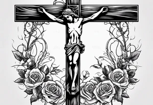 crucifix with vines and roses growing around it and sun beams coming from it tattoo idea