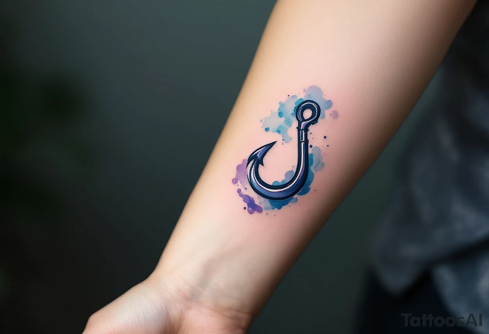 Watercolor Hook – A black hook outlined in fluid watercolor strokes in blues, purples, and greens, representing the dynamic flow of water and the fluidity of life. tattoo idea