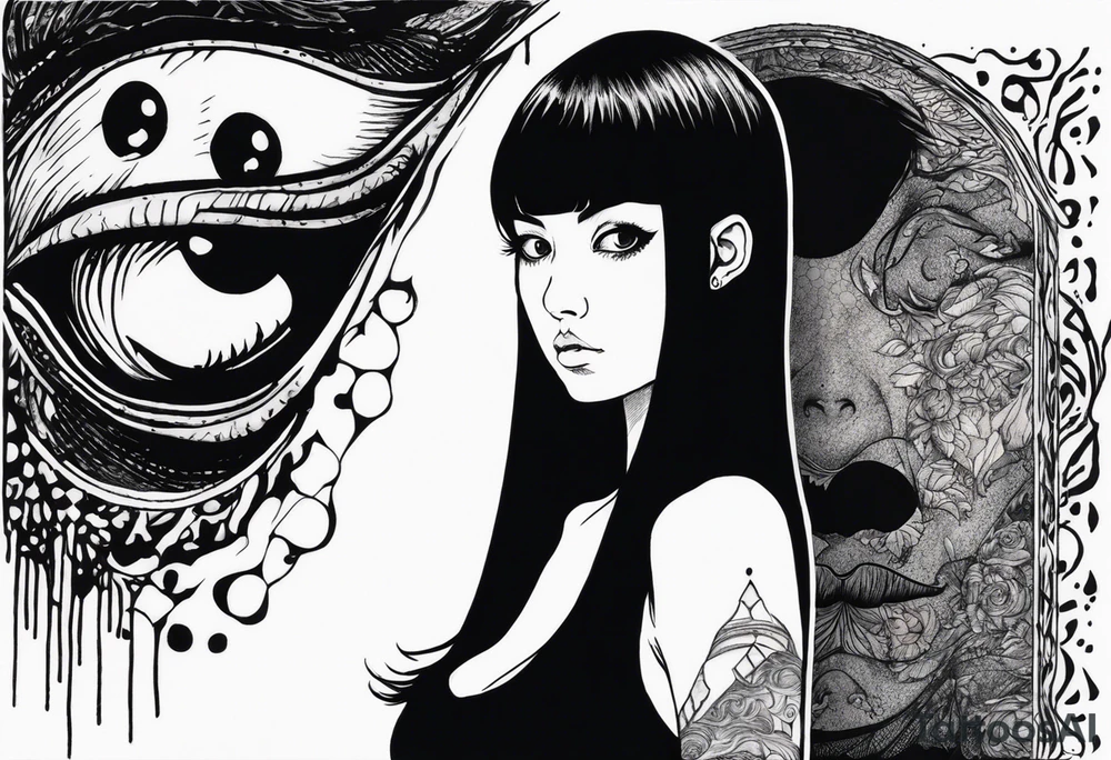 portrait of tomie a character by the horror author junji ito full body standing menacingly.  a mole below her left eye.  add more horror and gore elements tattoo idea
