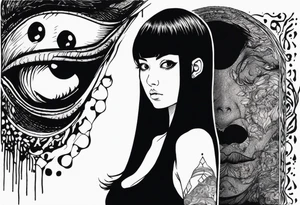 portrait of tomie a character by the horror author junji ito full body standing menacingly.  a mole below her left eye.  add more horror and gore elements tattoo idea
