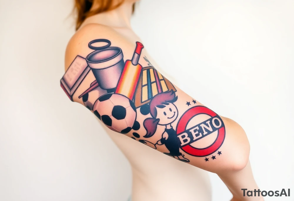 Childhood memories of a book, a bucket and spade, a football, a cricket bat, a cartoon of Dennis the Menace from the Beano comic, and the American Idiot symbol tattoo idea