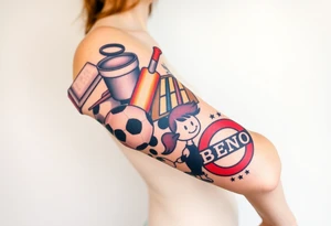 Childhood memories of a book, a bucket and spade, a football, a cricket bat, a cartoon of Dennis the Menace from the Beano comic, and the American Idiot symbol tattoo idea