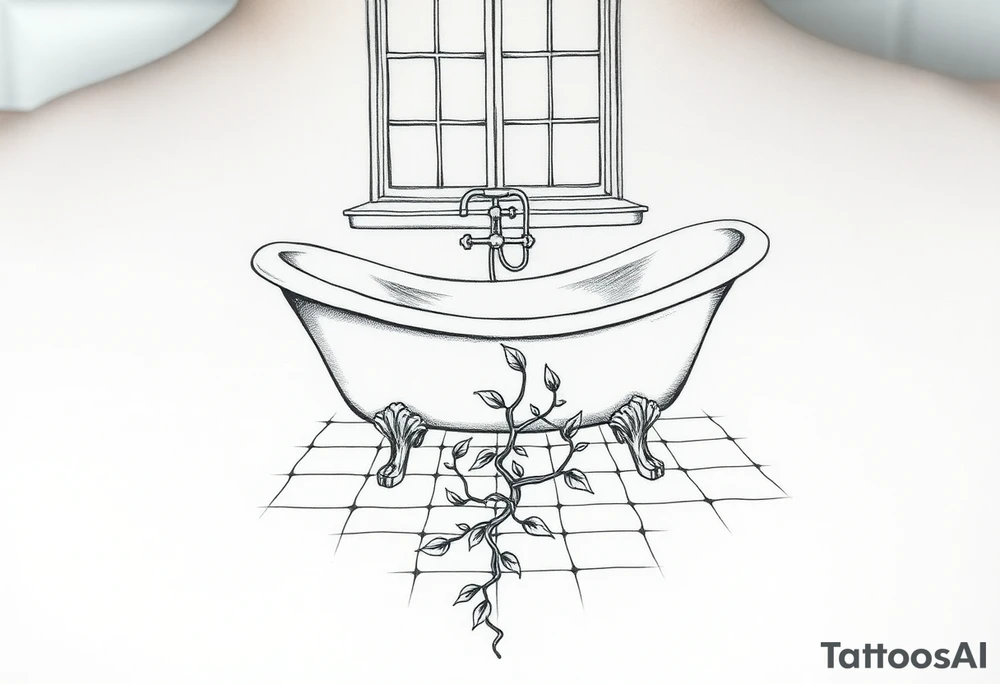 clawfoot bathtub with window above it. add a tile floor with a vine growing through the cracks tattoo idea