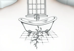 clawfoot bathtub with window above it. add a tile floor with a vine growing through the cracks tattoo idea