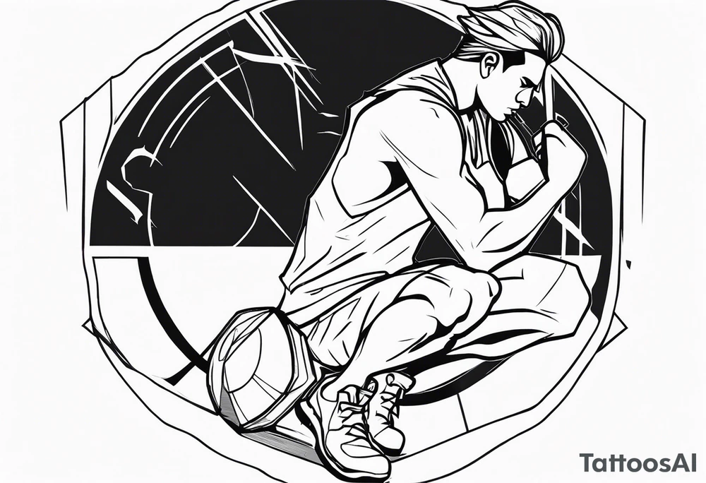 man crouched holding shield side view tattoo idea