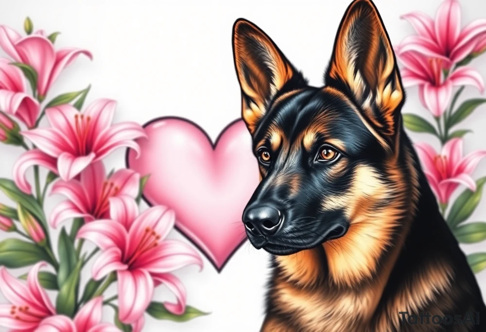 realistic german shepherd with alert ears looking protective surrounded by pink lilies with leaves in front of a sacred heart tattoo idea