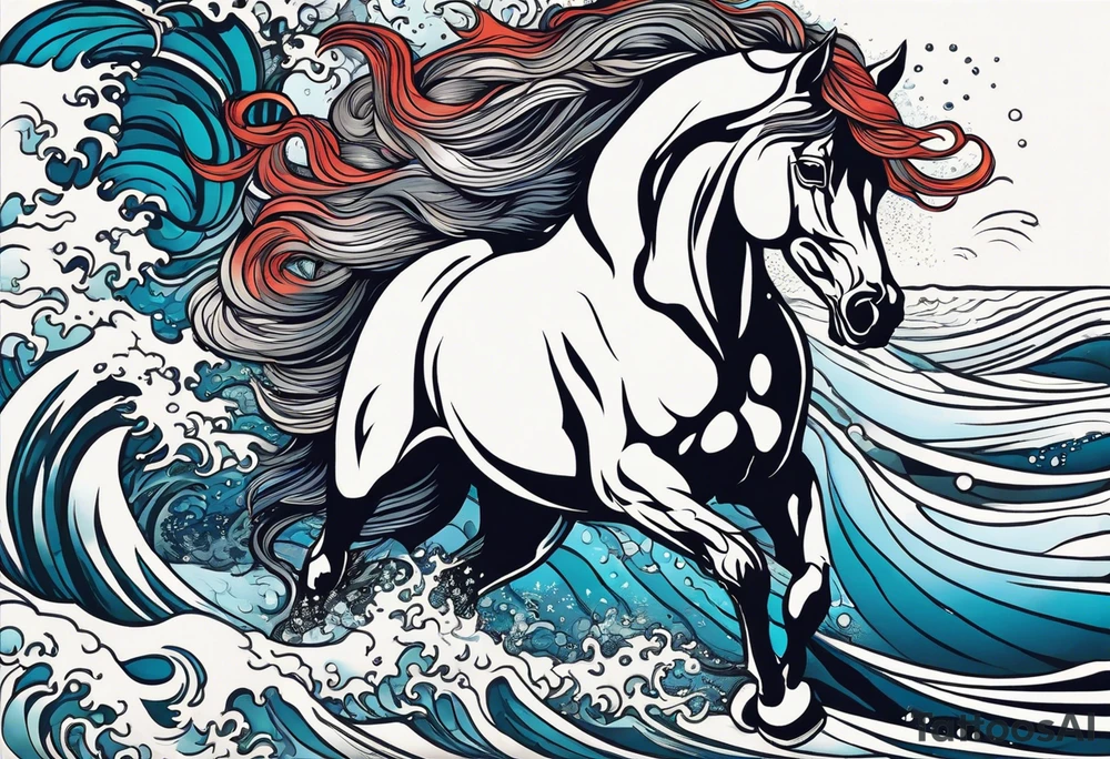 A horse's head rising from the waves of the sea. The mane becomes part of the sea. tattoo idea