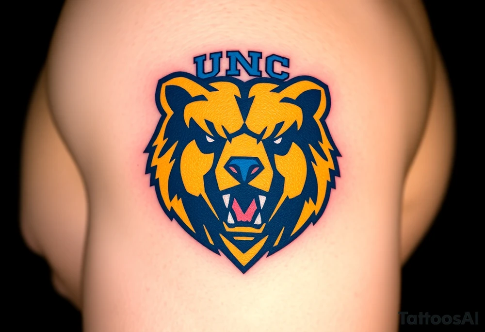 University of Northern Colorado bear mascot  head with Navy blue and yellow with UNC lettering Above head tattoo idea