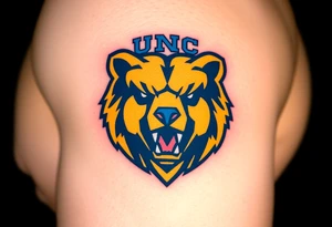University of Northern Colorado bear mascot  head with Navy blue and yellow with UNC lettering Above head tattoo idea