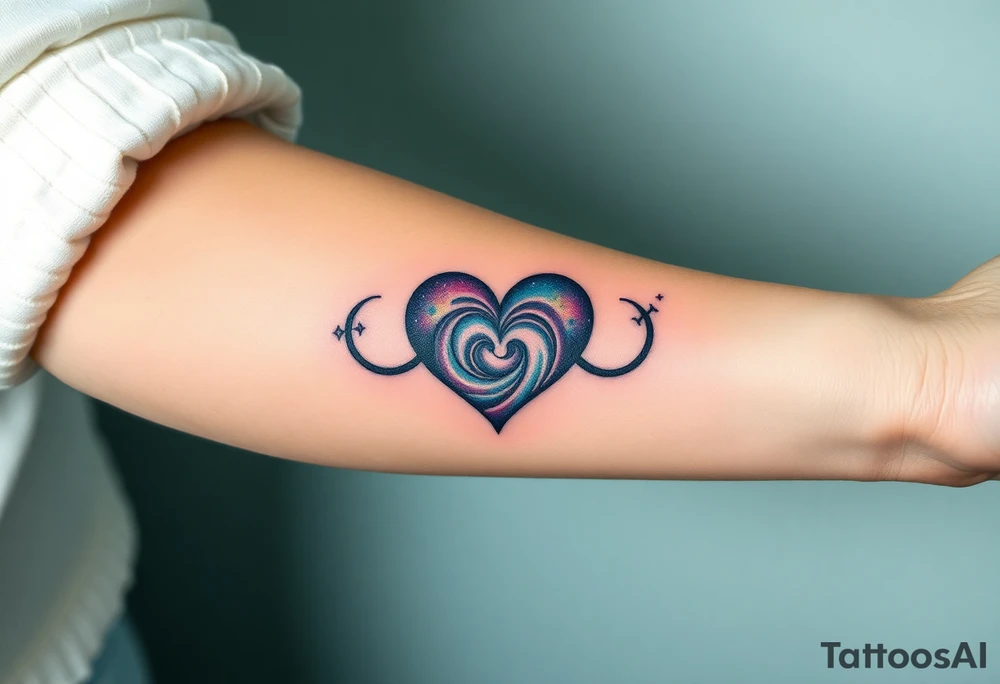 One fully depicted infinity symbol and heart made of swirling galaxy patterns at its end tattoo idea
