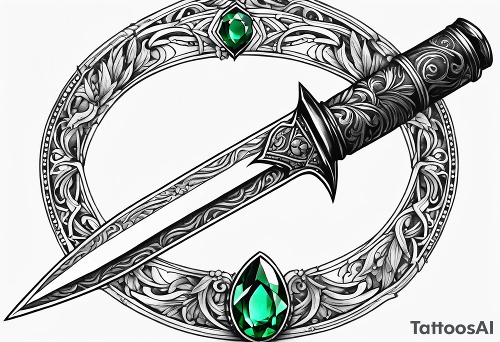 Athame dagger with an oak hilt turned upright and emerald gemstones tattoo idea