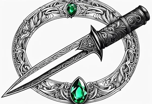 Athame dagger with an oak hilt turned upright and emerald gemstones tattoo idea