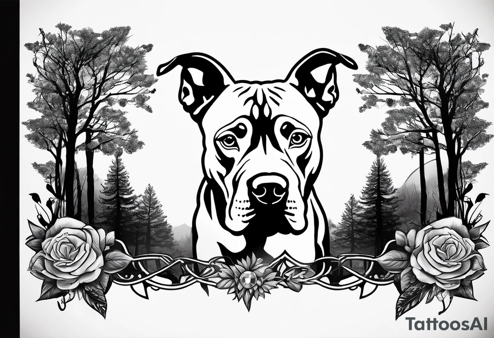 create a tattoo of a pitbull dog with trees in the background and a diamond border. tattoo idea