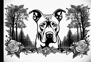create a tattoo of a pitbull dog with trees in the background and a diamond border. tattoo idea