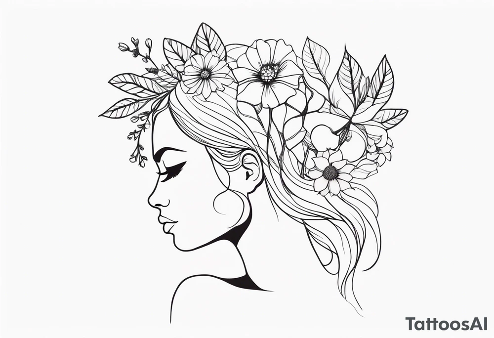fine line tattoo with woman with flowers growing out of her head tattoo idea