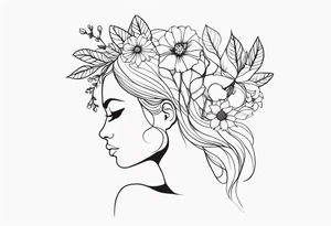 fine line tattoo with woman with flowers growing out of her head tattoo idea