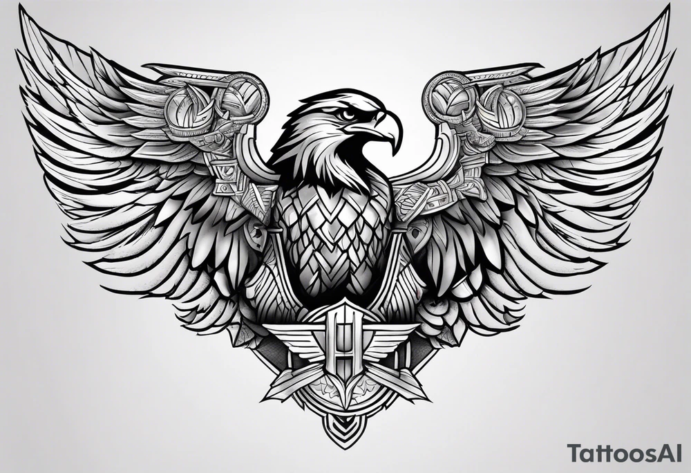 upper back and shoulder tattoo eagle wings with spartan helmet in middle with letters RELJA on top, maori style tattoo idea