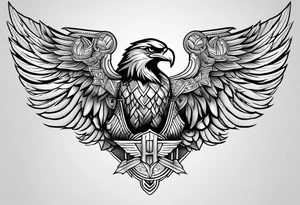 upper back and shoulder tattoo eagle wings with spartan helmet in middle with letters RELJA on top, maori style tattoo idea
