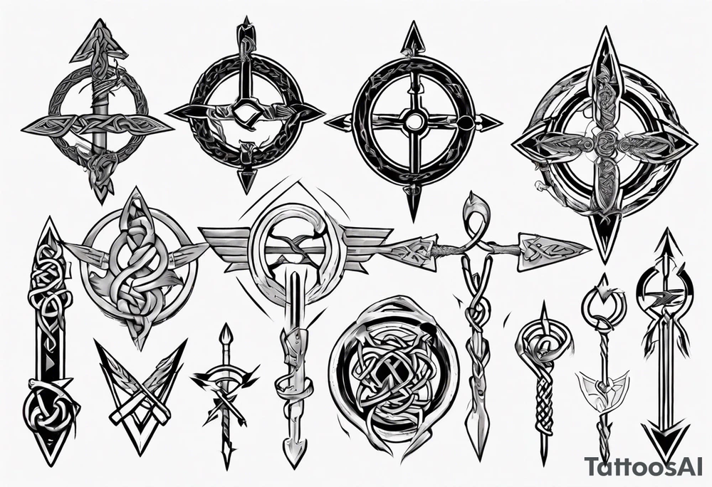 Celtic arrow
 including symbols for temperance wisdom courage justice tattoo idea