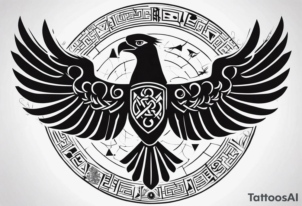 Polish eagle surrounded by viking runes sitting on the tree of life, scattered random geometric shapes and ancient artifacts, include Bruce Springsteens simply the best song tattoo idea