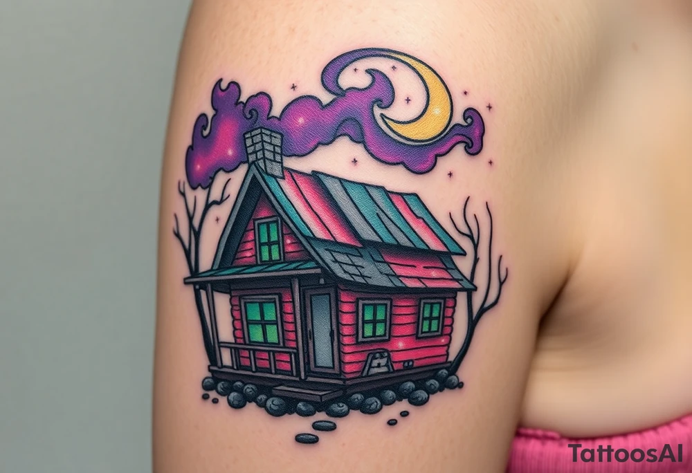 Tim Burton’s haunted pastel wood cabin home is abandoned and dripping with muted reds, dusty pinks, and eerie green glow.purple and cyan smokey clouds swirl in the crescent moonlit sky thats sprinkled with stars tattoo idea tattoo idea