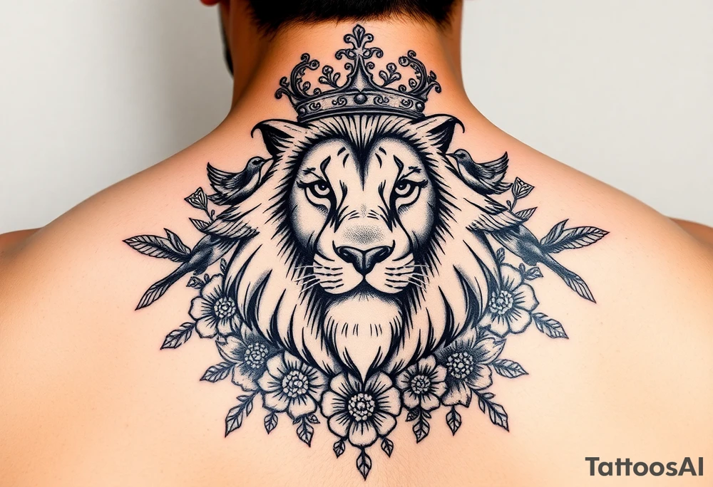 powerful majestic lion with a crown, surrounded by floral ornaments and birds tattoo idea