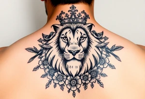 powerful majestic lion with a crown, surrounded by floral ornaments and birds tattoo idea