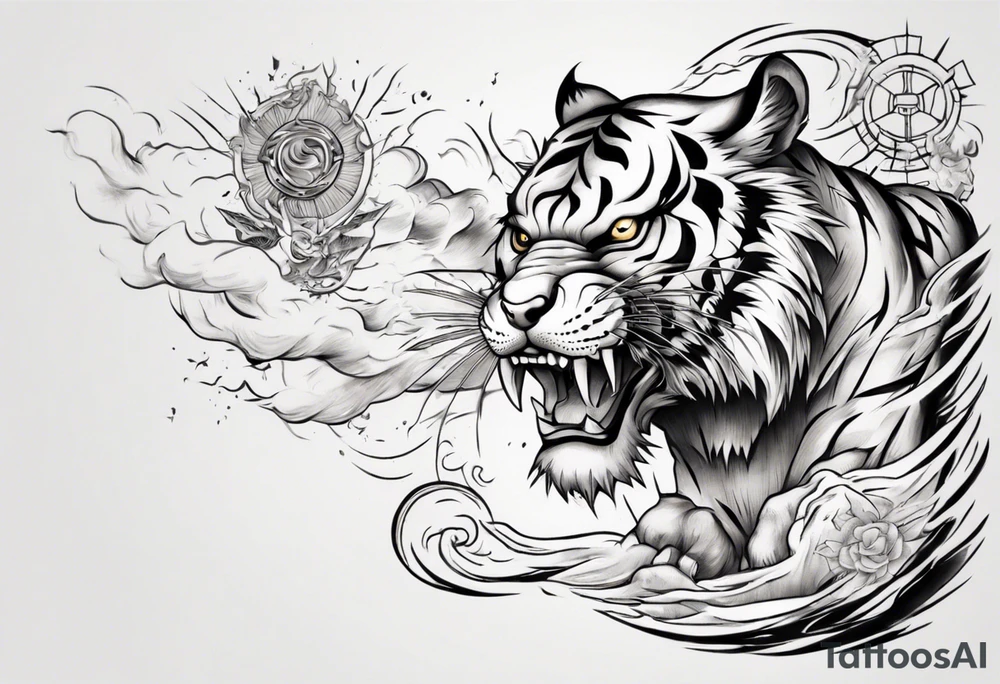 Tiger design with lightning and the sun for a forearm sleeve tattoo idea