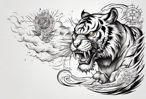 Tiger design with lightning and the sun for a forearm sleeve tattoo idea