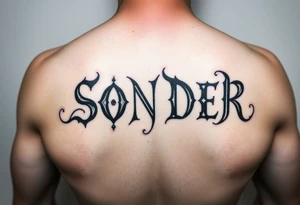 I want the word sonder in vertical form but the letter o swapped with an eye colored red and the word sonder to be in bold black letters tattoo idea