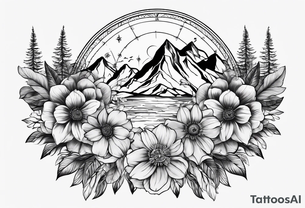 Compass mountains flowers tattoo idea