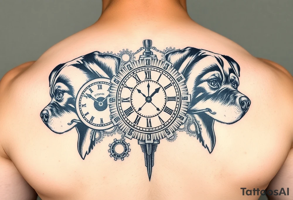 Gears that look like clocks Rottweilers mechanical sleeve tattoo idea