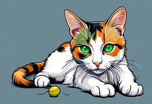 Calico cat with green eyes playing with a cricket toy tattoo idea