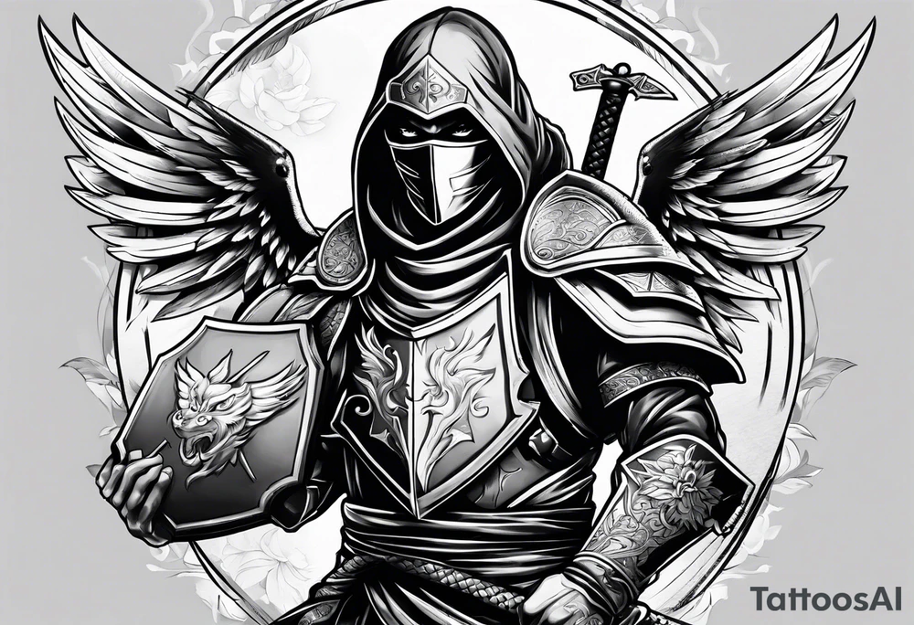 Ninja with wings holding shield tattoo idea