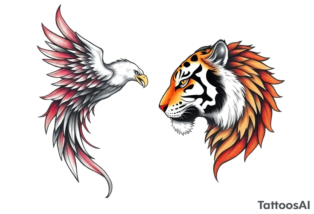 A phoenix and a tiger facing eachother tattoo idea