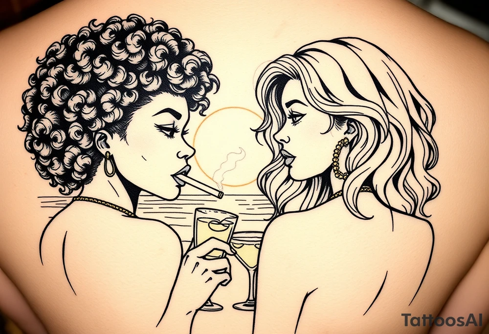 Two females One of the females is dark skin with Curly puffy hair The other girl is light skin and has wavy hair in front of a sunset on the beach, smoking a blunt with margarita glasses next to them tattoo idea