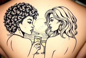 Two females One of the females is dark skin with Curly puffy hair The other girl is light skin and has wavy hair in front of a sunset on the beach, smoking a blunt with margarita glasses next to them tattoo idea