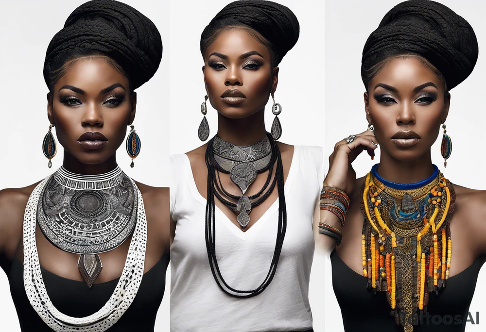 A white woman with dark hair and features. She will be posing sideways portrait style but looking head on. She need to embody a modern queen. She must be wearing 3 African style necklaces and african Earrings. And the outside of the tattoo can fade away with smoke. It’s for my outer shoulder so it’s about 20x7cm tattoo idea