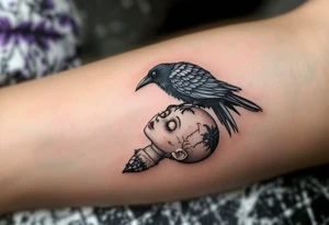 Tim Burton’s stitched raven perches on a broken doll’s head, feathers tinted in dull blues and grays. tattoo idea